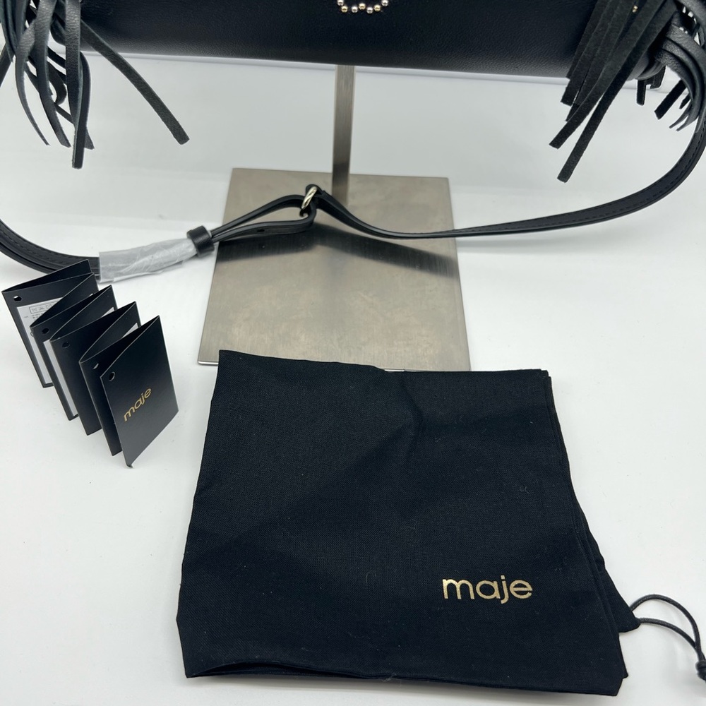 NWT MAJE Sac M Black Studded Leather Embellished Clover Motif Fringe Crossbody - Picture 4 of 13